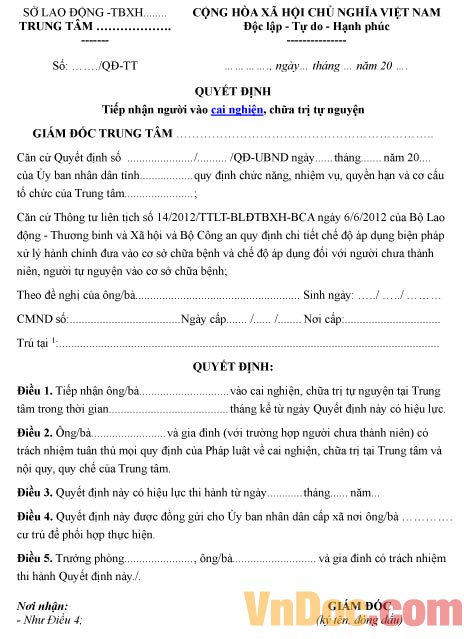 Mẫu quyết định về việc tiếp nhận người vào cai nghiện, chữa trị tự nguyện