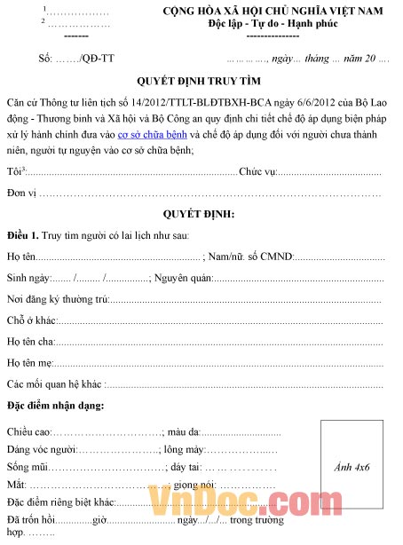 Mẫu quyết định về việc truy tìm người