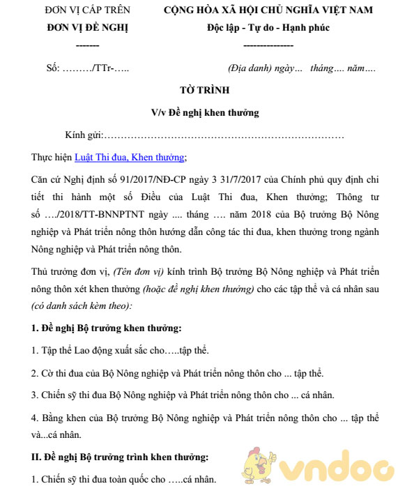 Tờ trình đề nghị khen thưởng ngành nông nghiệp