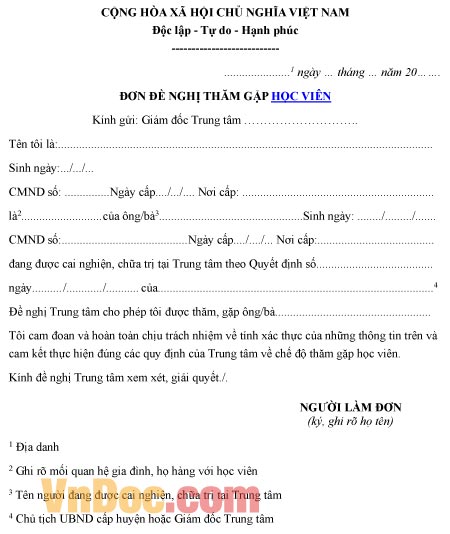 Mẫu đơn xin được thăm gặp học viên