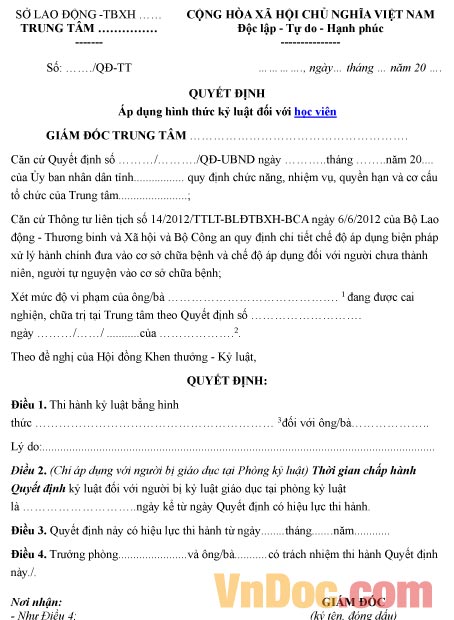 Mẫu quyết định về việc áp dụng hình thức kỷ luật đối với học viên