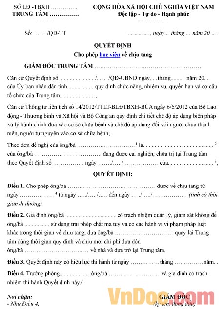 Mẫu quyết định về việc cho phép học viên về chịu tang