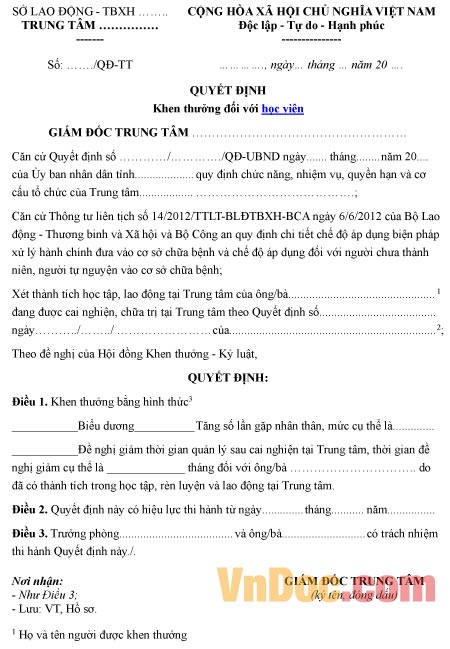 Mẫu quyết định về việc khen thưởng đối với học viên