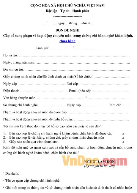 Mẫu đơn xin cấp bổ sung phạm vi hoạt động trong chứng chỉ khám chữa bệnh