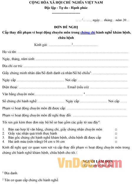 Mẫu đơn xin cấp thay đổi phạm vi hoạt động trong chứng chỉ khám chữa bệnh