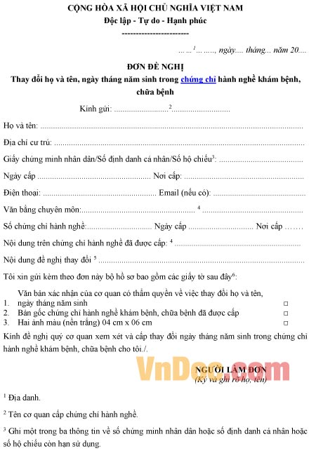 Mẫu đơn xin thay đổi thông tin trong chứng chỉ hành nghề khám chữa bệnh