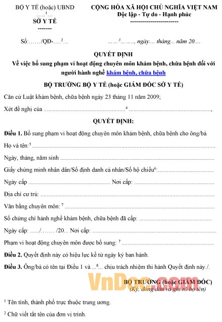 Mẫu quyết định về việc bổ sung phạm vi hoạt động chuyên môn khám chữa bệnh