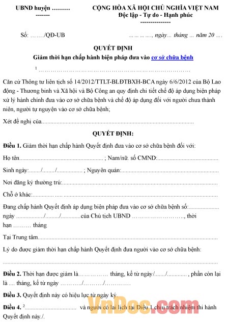 Mẫu quyết định về việc giảm thời hạn chấp hành biện pháp đưa vào cơ sở chữa bệnh