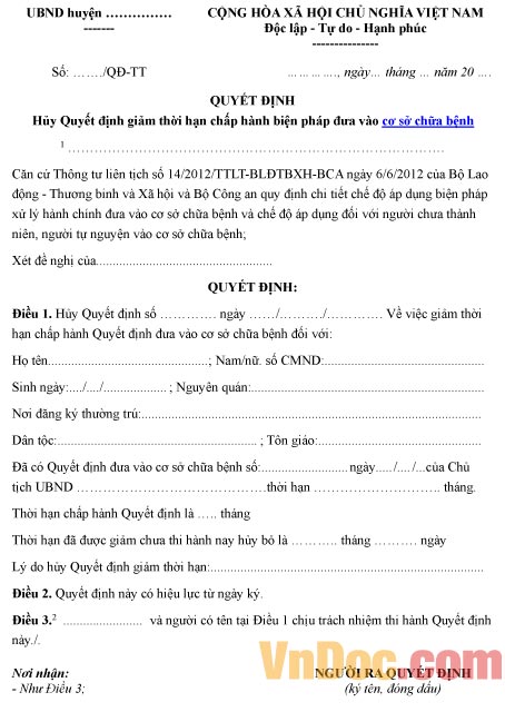 Mẫu quyết định về việc hủy quyết định giảm thời hạn chấp hành biện pháp đưa vào cơ sở chữa bệnh