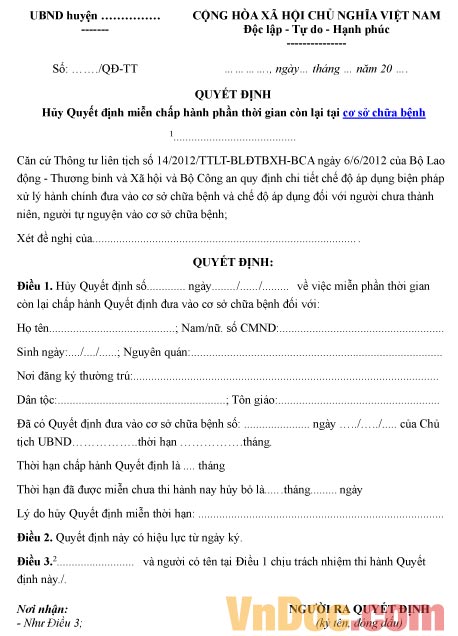 Mẫu quyết định về việc hủy quyết định miễn chấp hành phần thời gian còn lại tại cơ sở chữa bệnh