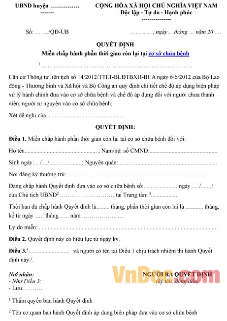Mẫu quyết định về việc miễn chấp hành phần thời gian còn lại tại cơ sở chữa bệnh