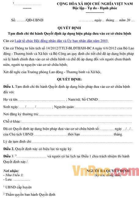 Mẫu quyết định về việc tạm đình chỉ thi hành quyết định đưa vào cơ sở chữa bệnh