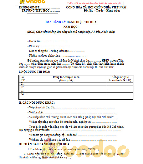 Mẫu đăng ký thi đua cho giáo viên