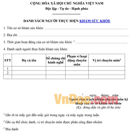 Mẫu danh sách ghi chép người thực hiện khám sức khỏe