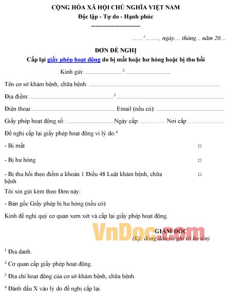 Mẫu đơn xin cấp lại giấy phép hoạt động do bị mất, hư hỏng, bị thu hồi