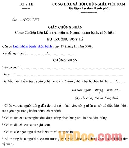 Mẫu giấy chứng nhận về cơ sở đủ điều kiện kiểm tra ngôn ngữ trong khám chữa bệnh