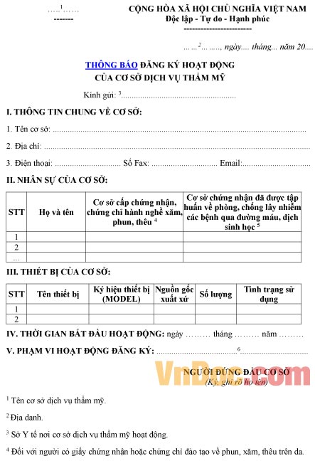 Mẫu thông báo về việc đăng ký hoạt động của cơ sở dịch vụ thẩm mỹ