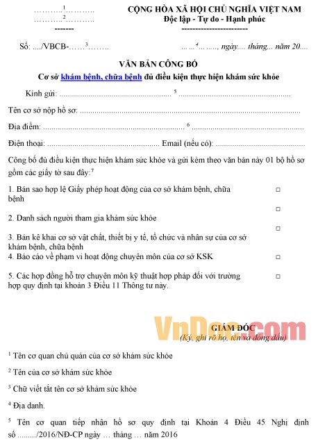 Mẫu văn bản công bố về việc cơ sở khám chữa bệnh đủ điều kiện thực hiện khám sức khỏe
