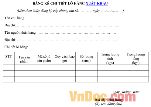 Mẫu bảng kê chi tiết về lô hàng xuất khẩu