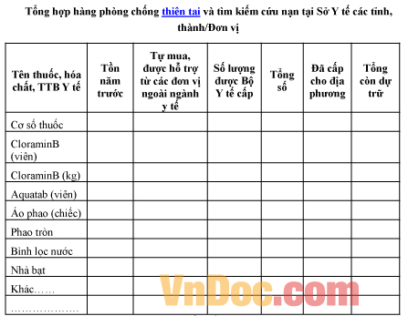 Mẫu bảng ghi chép tổng hợp hàng phòng chống thiên tai và tìm kiếm cứu nạn