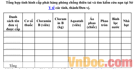 Mẫu bảng ghi chép tổng hợp tình hình cấp phát hàng phòng chống thiên tai, tìm kiếm cứu nạn