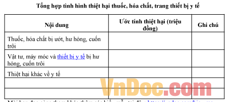 Mẫu bảng ghi chép tổng hợp tình hình thiệt hại thuốc, hóa chất, trang thiết bị y tế