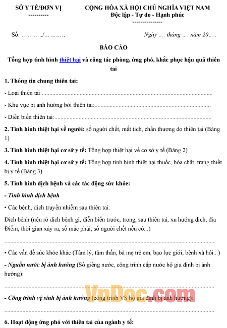 Mẫu báo cáo về tình hình thiệt hại và công tác phòng, khắc phục hậu quả thiên tai