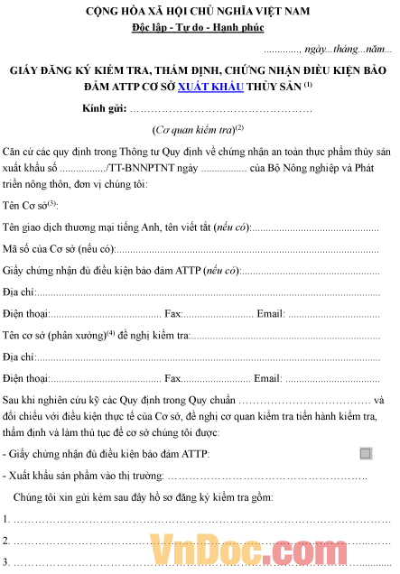 Mẫu giấy ghi chép đăng ký kiểm tra, chứng nhận ATTP cơ sở xuất khẩu thủy sản