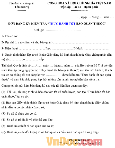 Mẫu đơn đăng ký về việc kiểm tra thực hành tốt bảo quản thuốc