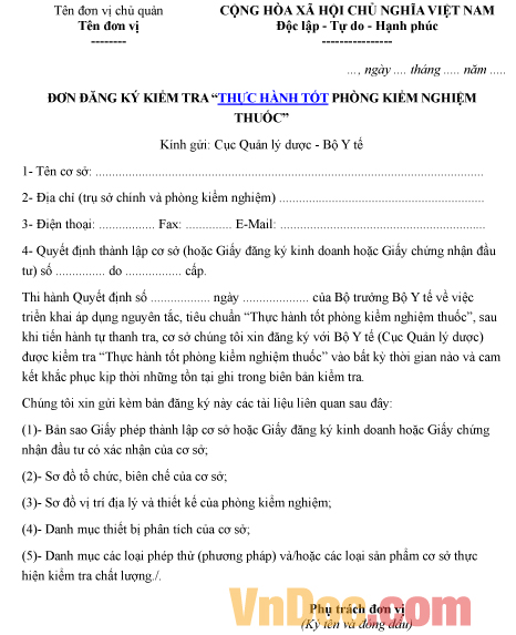 Mẫu đơn đăng ký về việc kiểm tra thực hành tốt phòng kiểm nghiệm thuốc