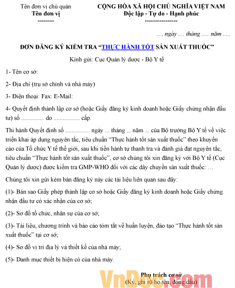 Mẫu đơn đăng ký về việc kiểm tra thực hành tốt sản xuất thuốc