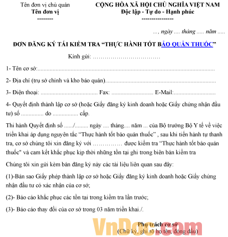 Mẫu đơn đăng ký về việc tái kiểm tra thực hành tốt bảo quản thuốc