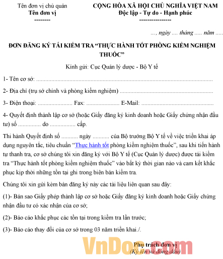 Mẫu đơn đăng ký về việc tái kiểm tra thực hành tốt phòng kiểm nghiệm thuốc
