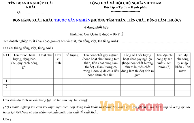 Mẫu đơn hàng ghi chép xuất khẩu thuốc gây nghiện ở dạng phối hợp