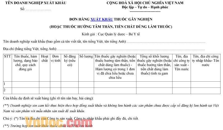Mẫu đơn hàng ghi chép xuất khẩu thuốc gây nghiện