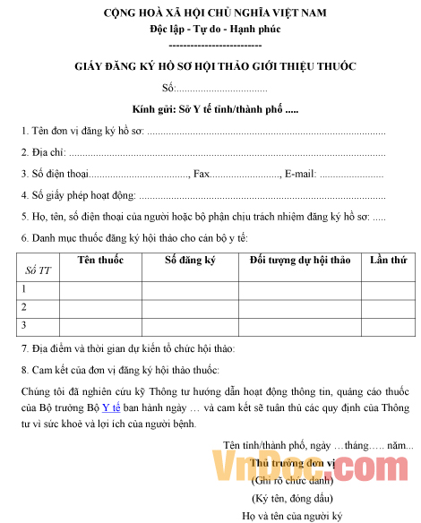 Mẫu giấy ghi chép đăng ký hồ sơ hội thảo giới thiệu thuốc