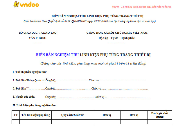 Mẫu biên bản nghiệm thu