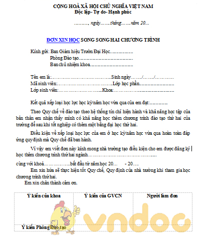 Đơn xin học song song hai chương trình