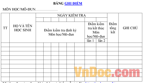 Mẫu bảng ghi chép điểm của giáo viên