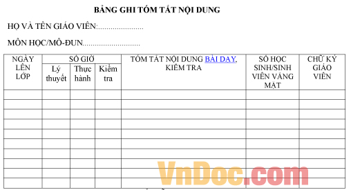 Mẫu bảng ghi chép tóm tắt nội dung bài dạy
