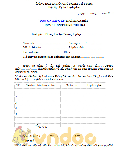 Mẫu đơn đăng ký thời khóa biểu chương trình học thứ 2