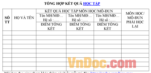 Bảng ghi chép tổng hợp kết quả học tập