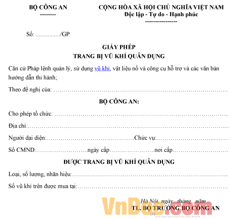 Mẫu giấy phép về việc trang bị vũ khí quân dụng