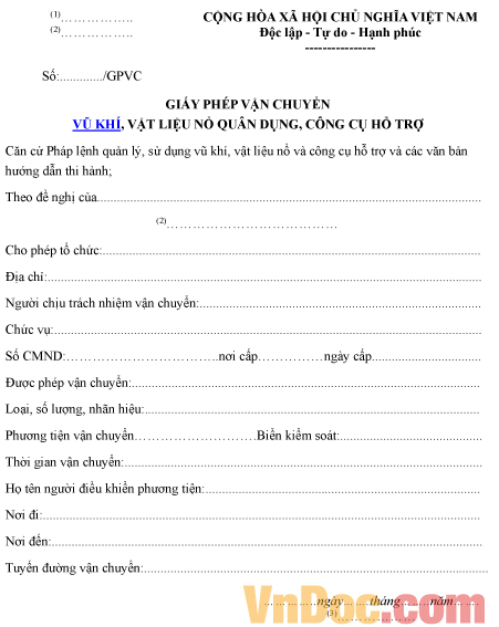 Mẫu giấy phép về việc vận chuyển vũ khí, vật liệu nổ quân dụng, công cụ hỗ trợ