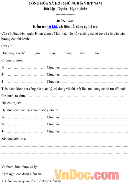 Mẫu biên bản ghi chép kiểm tra vũ khí, vật liệu nổ, công cụ hỗ trợ