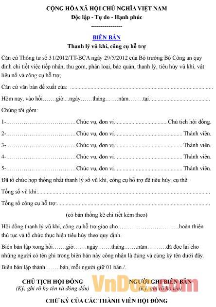 Mẫu biên bản ghi chép thanh lý vũ khí, công cụ hỗ trợ