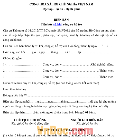 Mẫu biên bản ghi chép tiêu hủy vũ khí, công cụ hỗ trợ