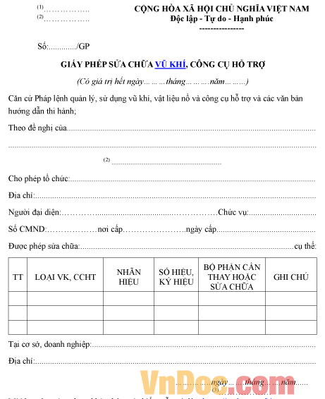 Mẫu giấy phép về việc sửa chữa vũ khí, công cụ hỗ trợ