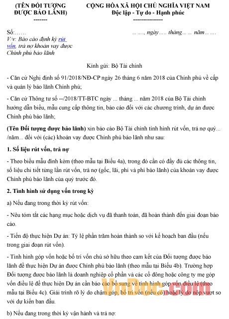 Mẫu báo cáo về định kỳ rút vốn, trả nợ khoản vay được Chính phủ bảo lãnh