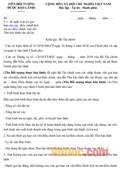 Mẫu văn bản đề nghị về việc xem xét, gia hạn rút vốn